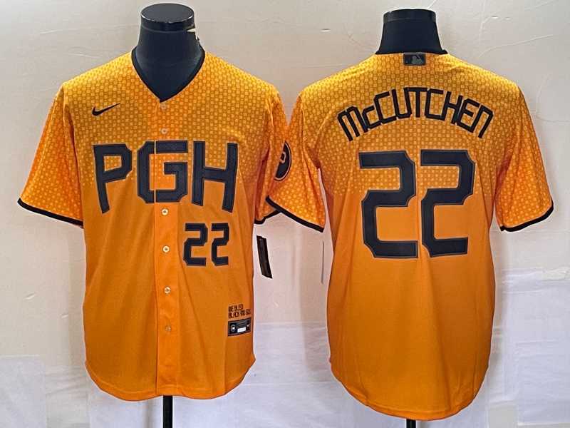 Mens Pittsburgh Pirates #22 Andrew McCutchen Number Gold 2023 City Connect Stitched Jersey 1